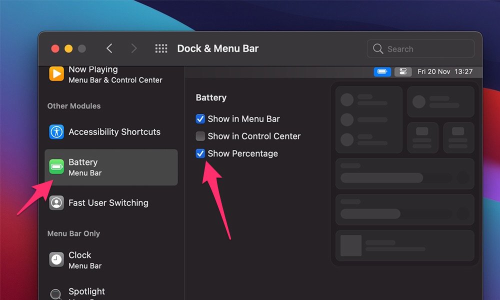 Trên màn hình Dock & Menu Bar thì người dùng cuộn xuống tìm mục Battery